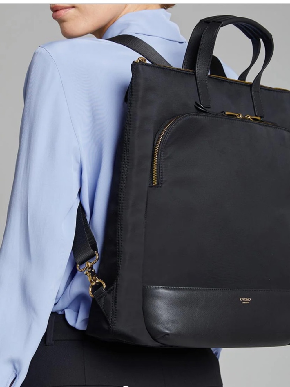 KNOMO London HAREWOOD Hybrid Laptop Tote Backpack in Black with Gold Hardware